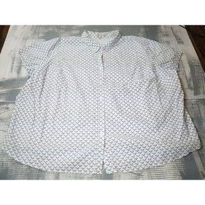Woman Within blouse women 5X short sleeve white blue printed cotton button up